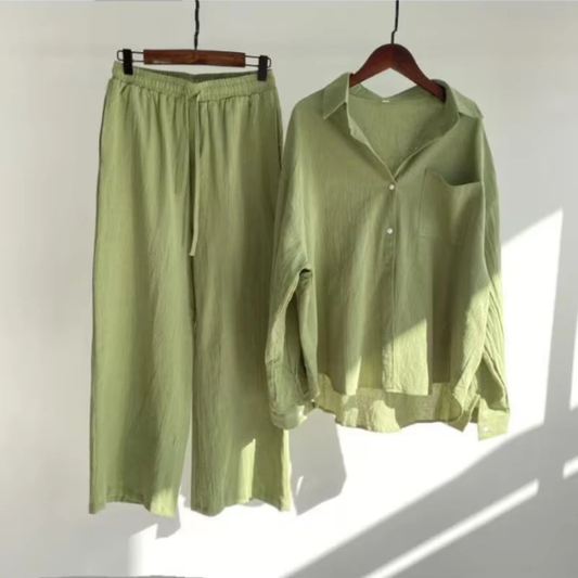 Vintage Chic Oversized Shirt & Wide-Leg Pants Co-Ord Set
