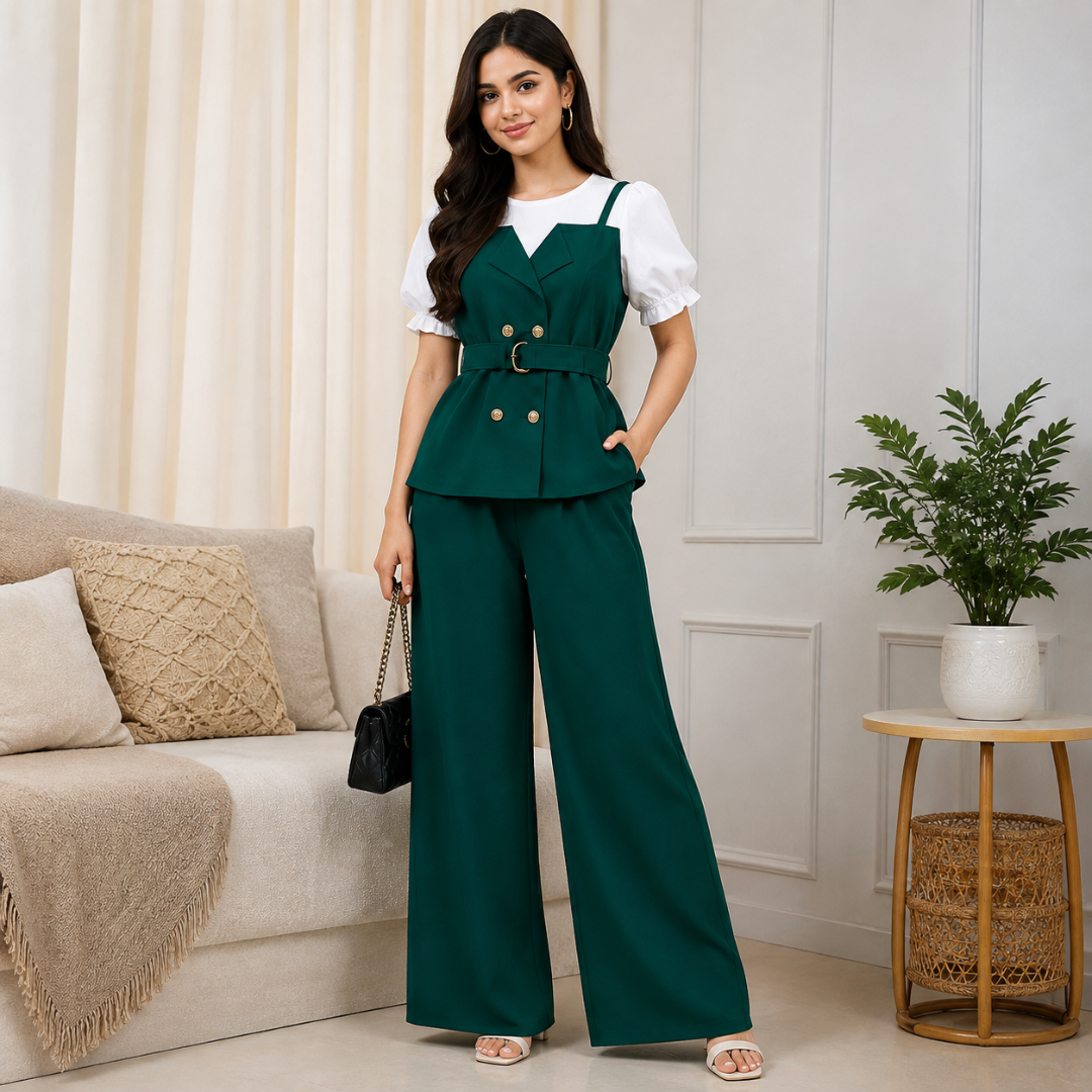 Women's Elegant Puff Sleeve Belted Blazer Top & Wide Leg Pants Co-Ord Set