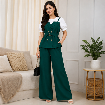 Women's Elegant Puff Sleeve Belted Blazer Top & Wide Leg Pants Co-Ord Set