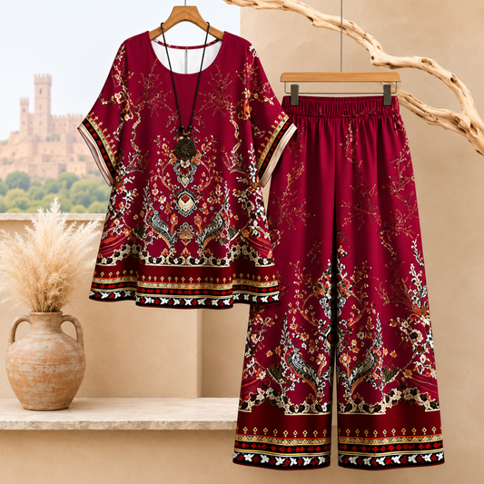 Women's Vintage Floral Print Oversized Top & Wide Leg Pants Co-Ord Set
