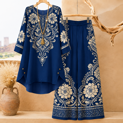 Women's Elegant Floral Printed Long Sleeve Tunic Top & Wide Leg Pants Co-Ord Set