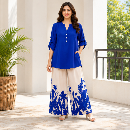 Women's Minimalist Button-Front Tunic Top & Floral Print Wide Leg Pants Co-Ord Set
