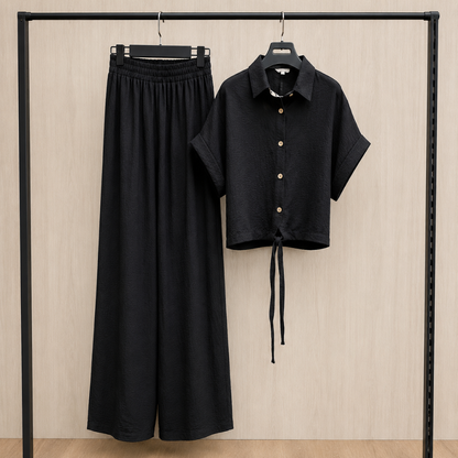 Women's Solid Button-Down Crop Shirt & Wide Leg Pants Co-Ord Set