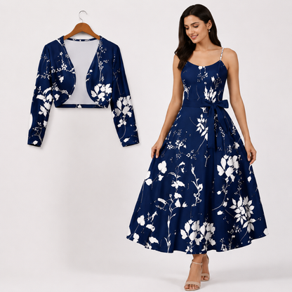 Women's Floral Printed Party Wear Midi Dress with Matching Shrug