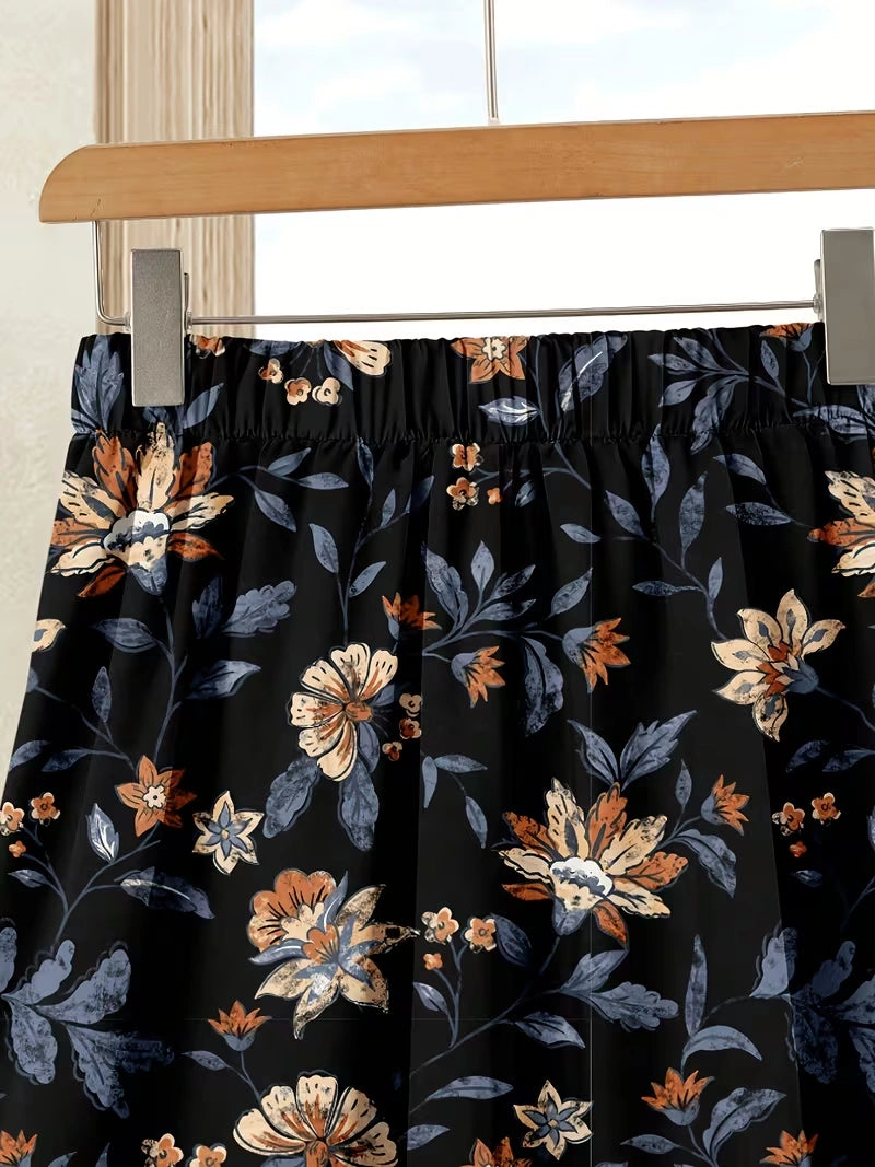 Women's Summer Casual Skirt Co-Ord Set | Solid Top & Printed Skirt 2-Piece Outfit