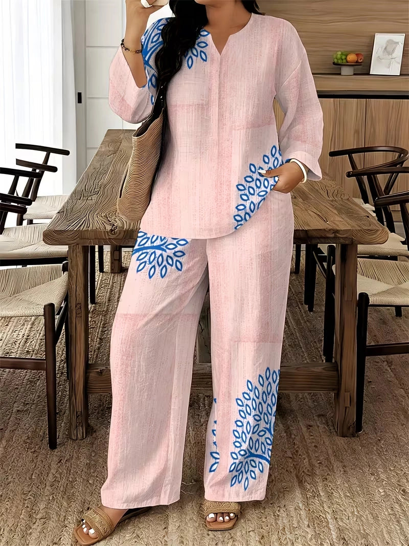Women's Ethnic Leaf Print Boho Co-Ord Set – Long Sleeve Top & Wide-Leg Pants (2-Piece)