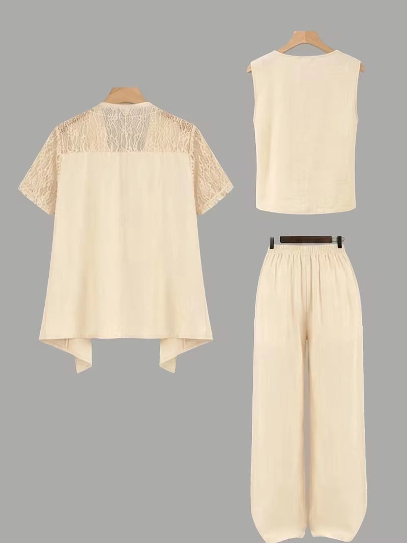 Elegant 3-Piece Co-Ord Set – Cardigan Jacket, Sleeveless Top & Relaxed Pants