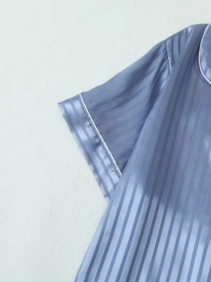 Women's 2-Piece Satin Stripe Pajama Set with Button-Up Shirt & Relaxed Shorts