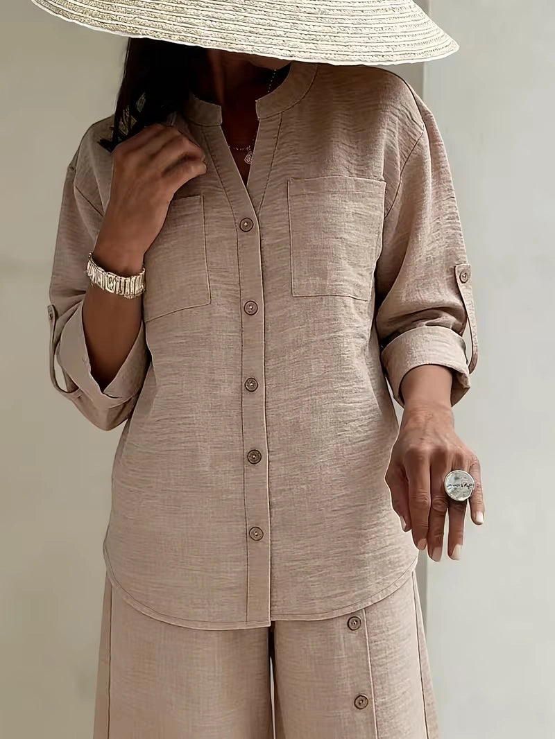 Elegant Lace Back Co-Ord Set – Relaxed Shirt & Wide-Leg Pants for Effortless Style