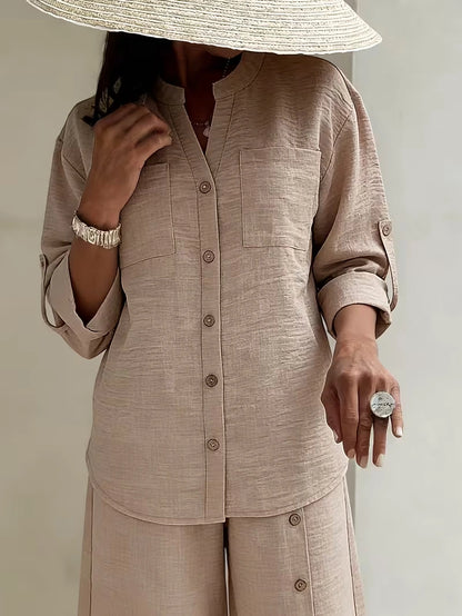 Elegant Lace Back Co-Ord Set – Relaxed Shirt & Wide-Leg Pants for Effortless Style