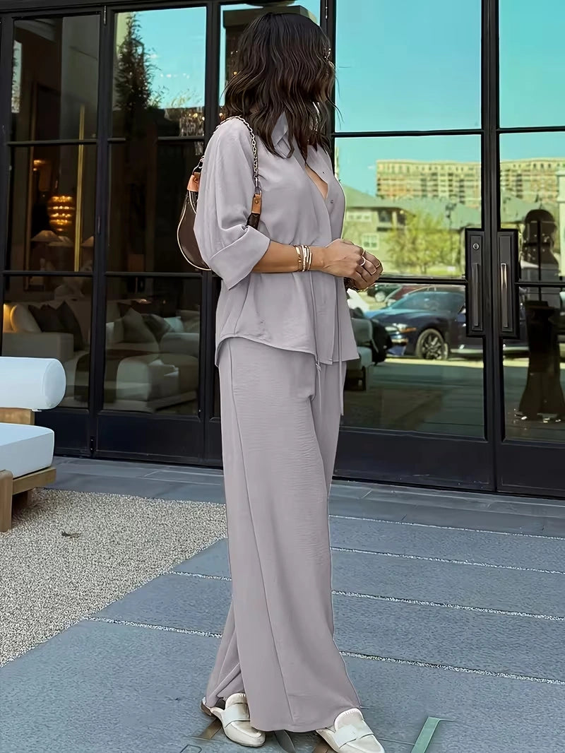 Relaxed Drawstring Co-Ord Set – Lapel Long Sleeve Top & Wide-Leg Pants