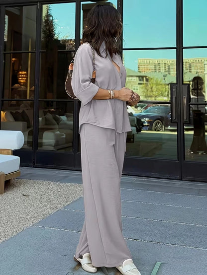 Relaxed Drawstring Co-Ord Set – Lapel Long Sleeve Top & Wide-Leg Pants