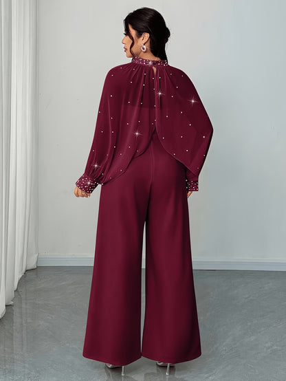 Women’s Maroon Embellished Cape Sleeve Wide-Leg Jumpsuit