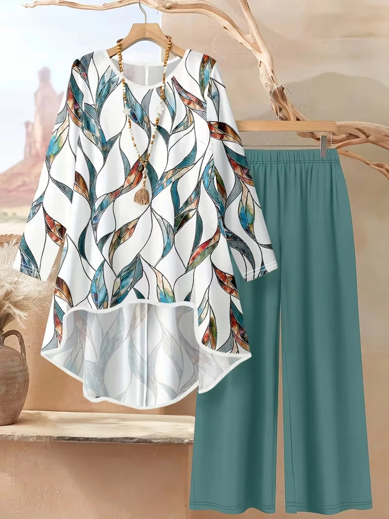 Plus Size Floral Elegance Co-Ord Set with Asymmetrical Tunic & Wide-Leg Pants