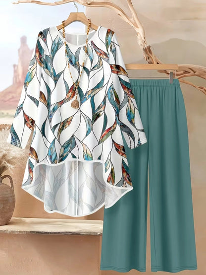 Plus Size Floral Elegance Co-Ord Set with Asymmetrical Tunic & Wide-Leg Pants