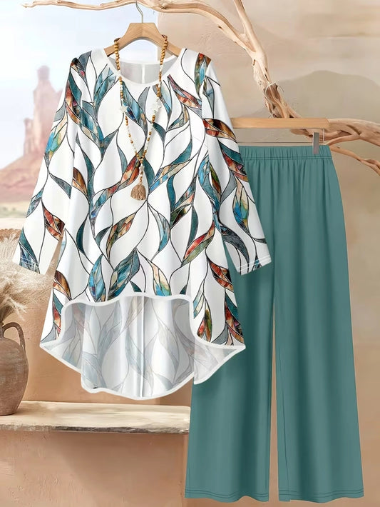 Plus Size Floral Elegance Co-Ord Set with Asymmetrical Tunic & Wide-Leg Pants