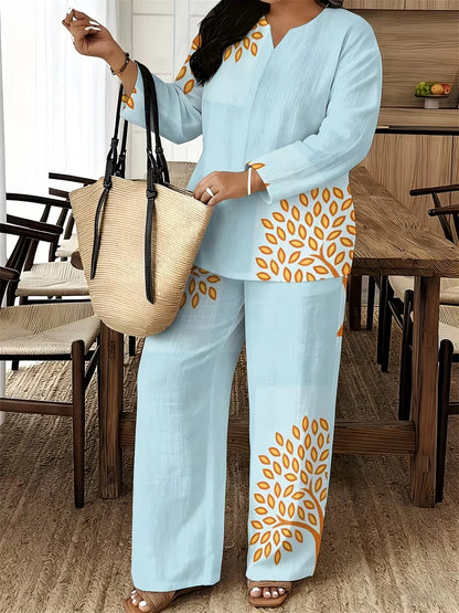 Women's Ethnic Leaf Print Boho Co-Ord Set – Long Sleeve Top & Wide-Leg Pants (2-Piece)