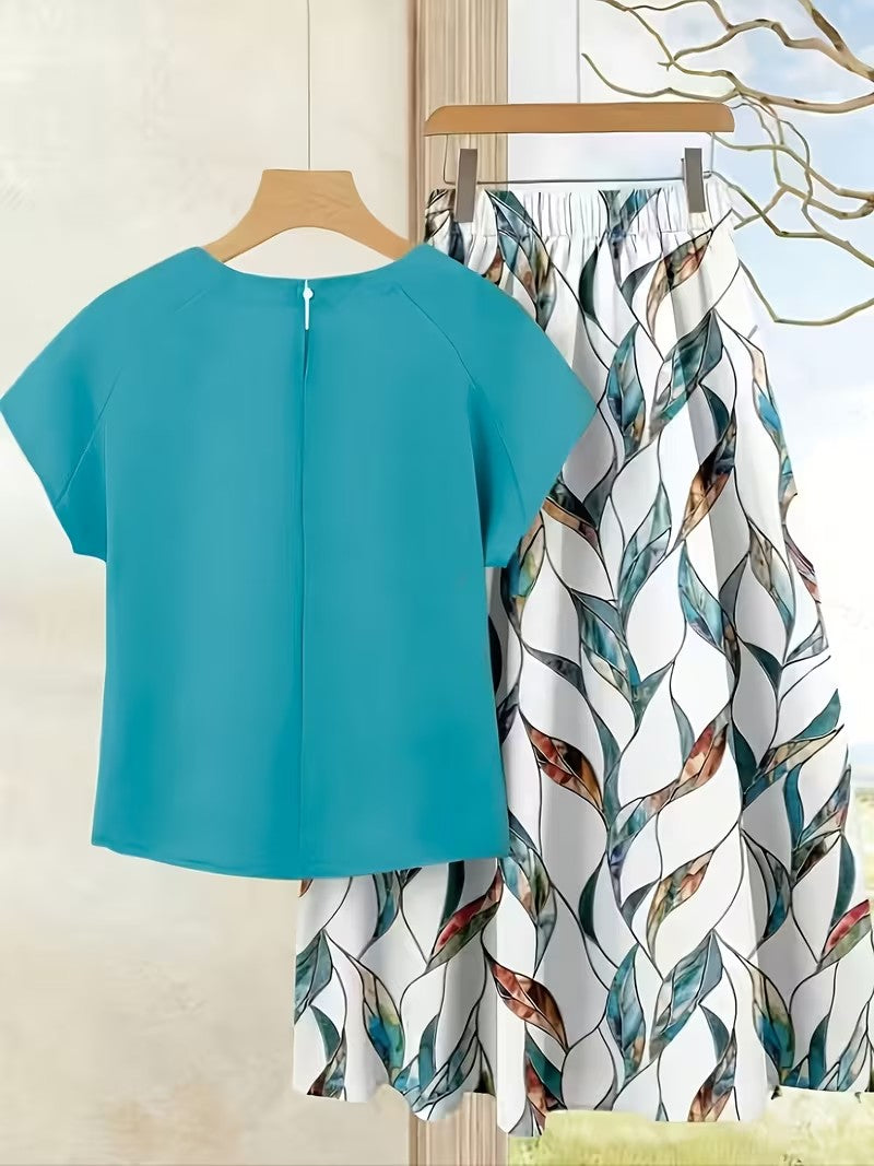 Women's Summer Casual Skirt Co-Ord Set | Solid Top & Printed Skirt 2-Piece Outfit