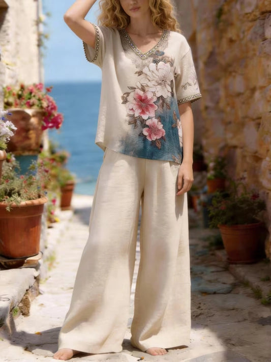 Women's Vintage Floral Wide-Leg Co-Ord Set – Elegant 2-Piece Outfit