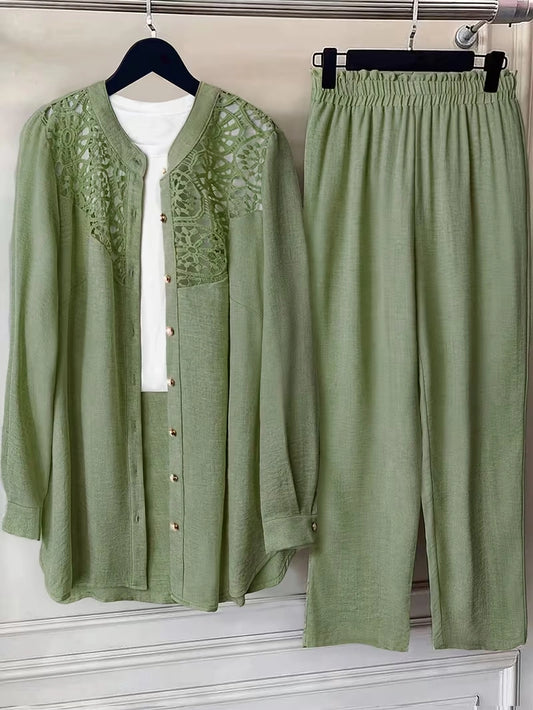 Elegant Lace Back Co-Ord Set – Relaxed Shirt & Wide-Leg Pants for Effortless Style