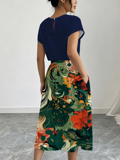 Women's Summer Casual Skirt Co-Ord Set | Solid Top & Printed Skirt 2-Piece Outfit