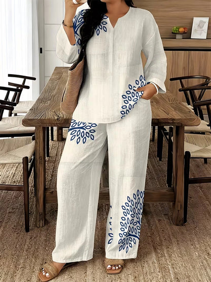 Women's Ethnic Leaf Print Boho Co-Ord Set – Long Sleeve Top & Wide-Leg Pants (2-Piece)