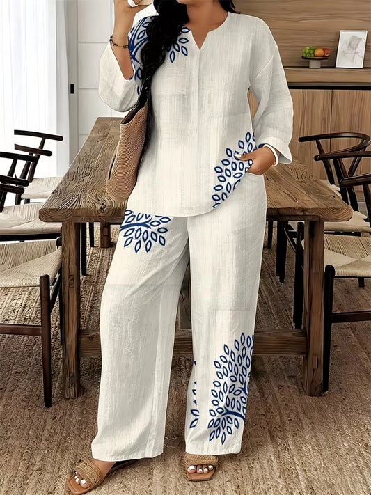 Women's Ethnic Leaf Print Boho Co-Ord Set – Long Sleeve Top & Wide-Leg Pants (2-Piece)