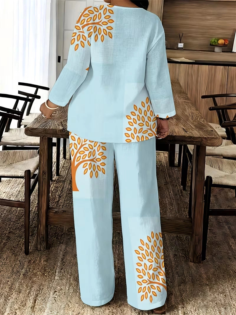 Women's Ethnic Leaf Print Boho Co-Ord Set – Long Sleeve Top & Wide-Leg Pants (2-Piece)