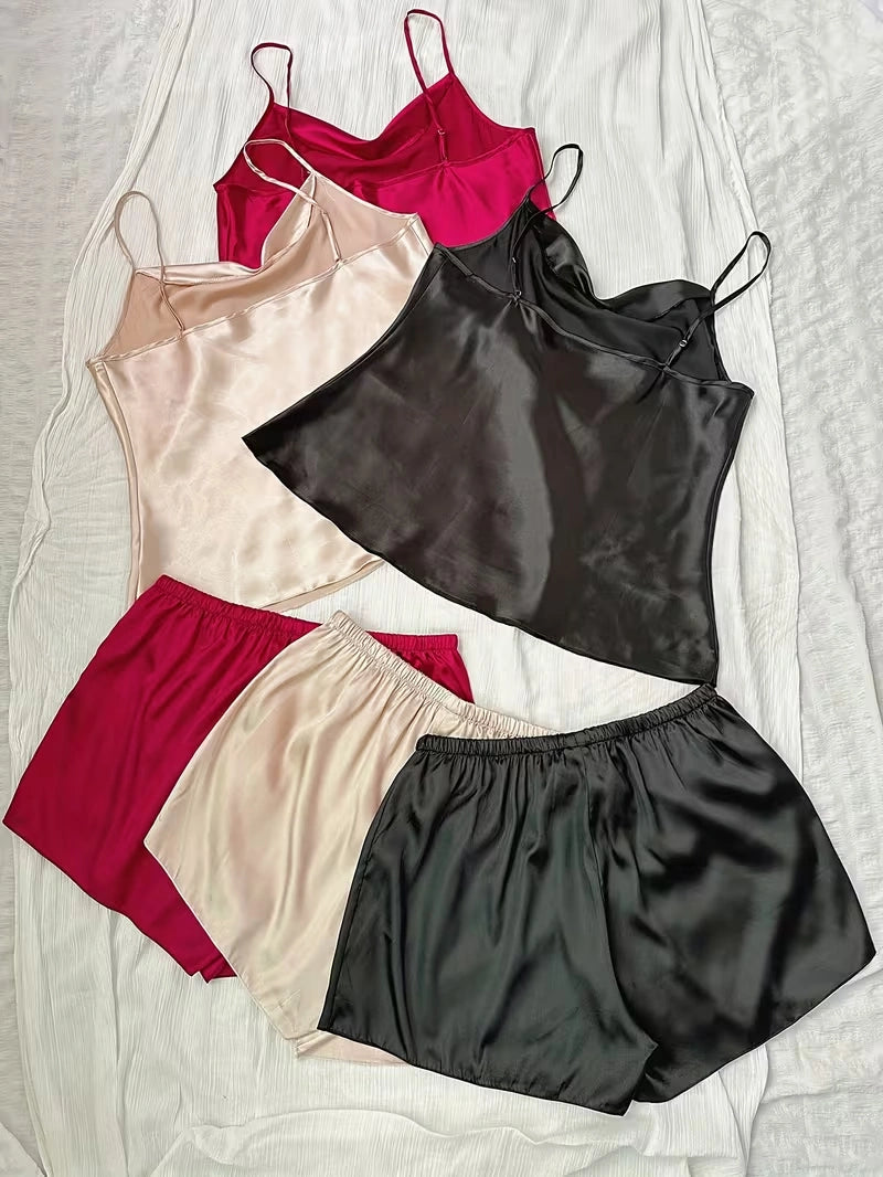 Women's 3-Piece Satin Pajama Set with Button-Up Shirt & Relaxed Shorts