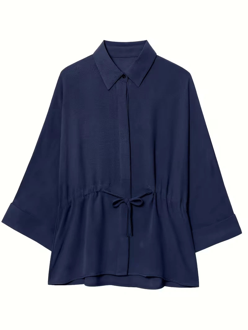 Relaxed Drawstring Co-Ord Set – Lapel Long Sleeve Top & Wide-Leg Pants