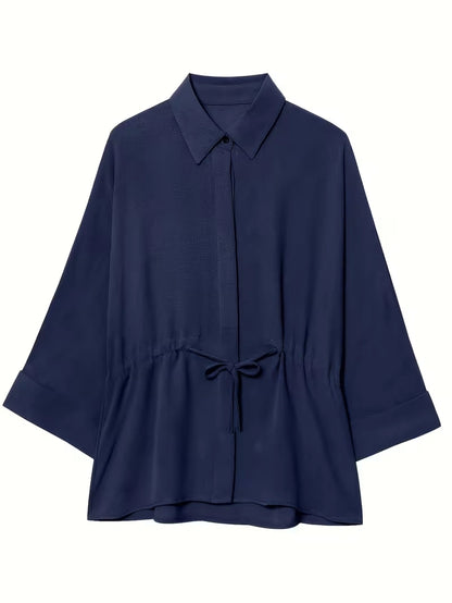 Relaxed Drawstring Co-Ord Set – Lapel Long Sleeve Top & Wide-Leg Pants