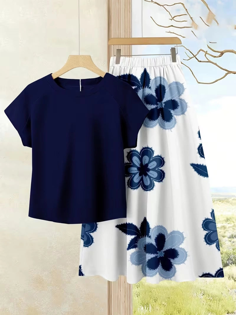 Women's Summer Casual Skirt Co-Ord Set | Solid Top & Printed Skirt 2-Piece Outfit
