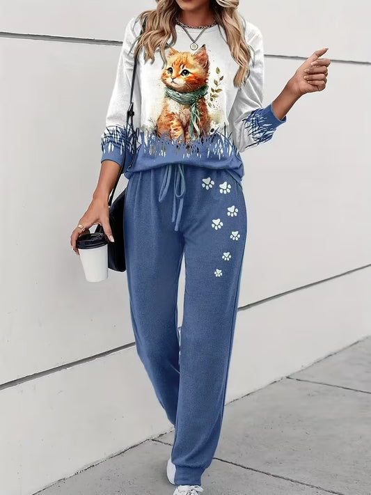 Women's Plus Size Cat Print Casual 2-Piece Outfit | Long Sleeve Crew Neck Top & High Waist Lace-Up Pants | Spring & Autumn Co-Ord Set