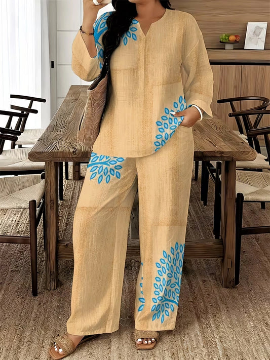 Women's Ethnic Leaf Print Boho Co-Ord Set – Long Sleeve Top & Wide-Leg Pants (2-Piece)