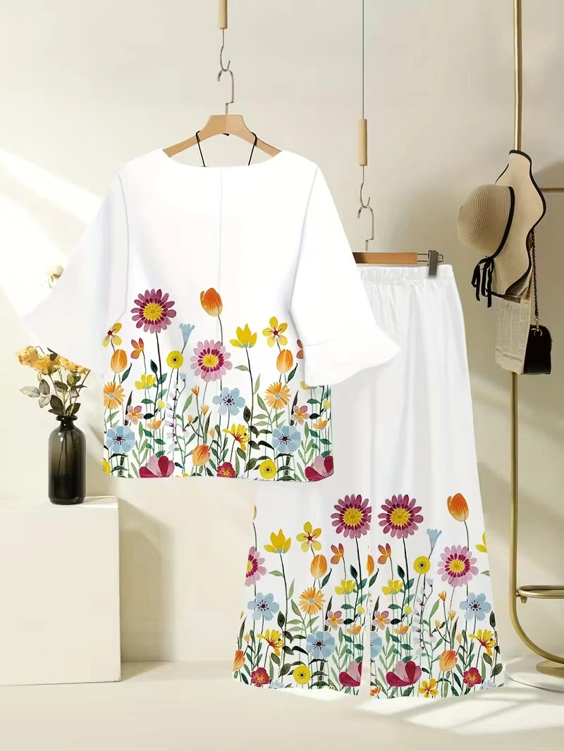 Plus Size Floral Elegance Co-Ord Set with Asymmetrical Tunic & Wide-Leg Pants