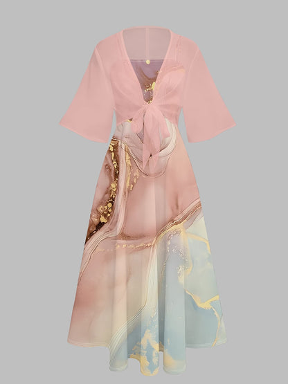 Elegant Women's Vintage Artistic Floral Print Dress Set