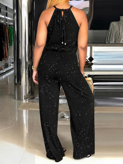 Women’s Black Sequin Jumpsuit with Halter Neck & Wide-Leg Pants