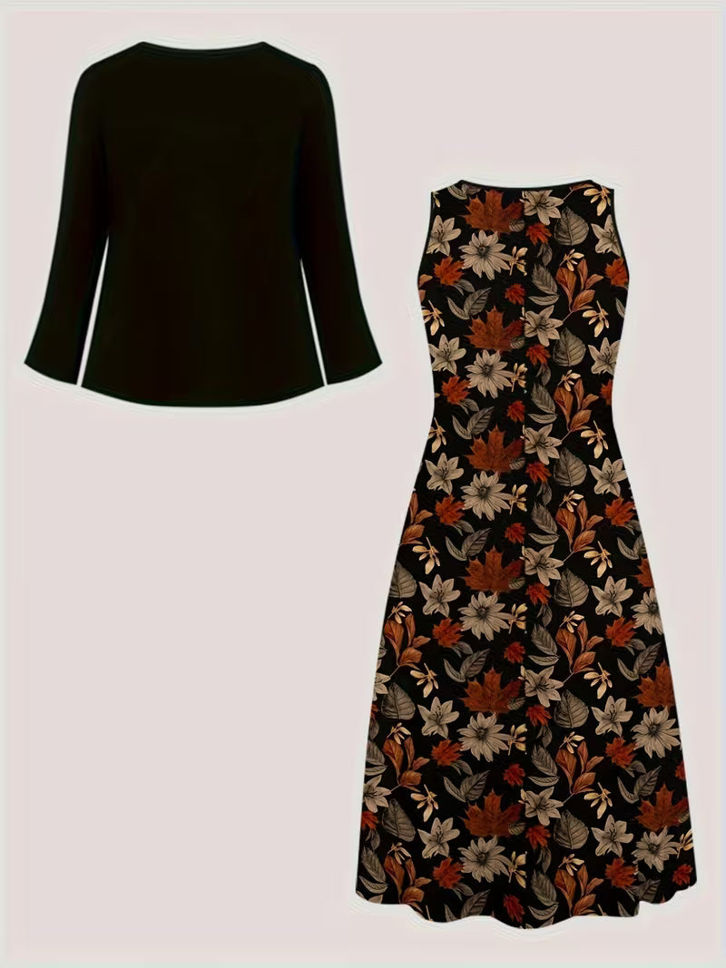 Elegant Floral Print 2-Piece Dress