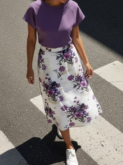 Women's Summer Casual Skirt Co-Ord Set | Solid Top & Printed Skirt 2-Piece Outfit