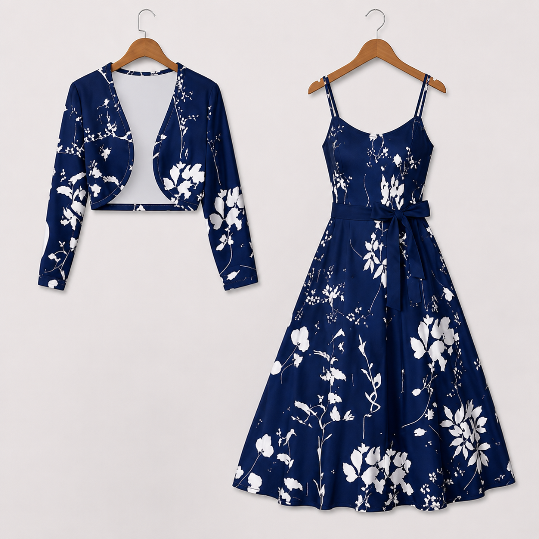 Women's Floral Printed Party Wear Midi Dress with Matching Shrug