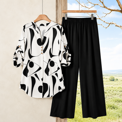 Elegant Abstract Print Shirt & Wide-Leg Pants Set