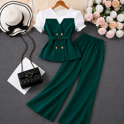 Women's Elegant Puff Sleeve Belted Blazer Top & Wide Leg Pants Co-Ord Set