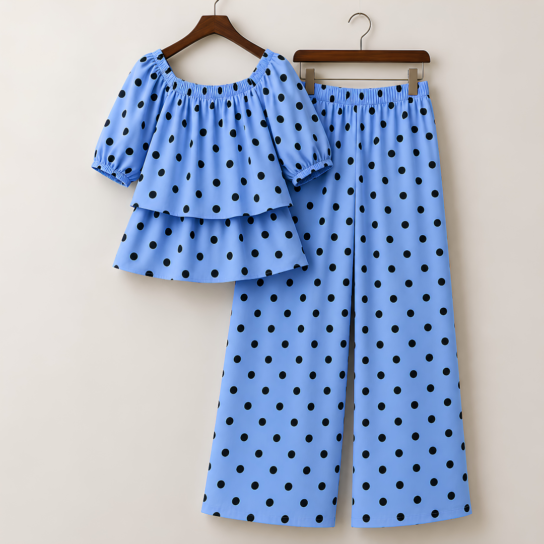 Women's Off-Shoulder Polka Dot Ruffle Top & Wide Leg Pants Co-Ord Set