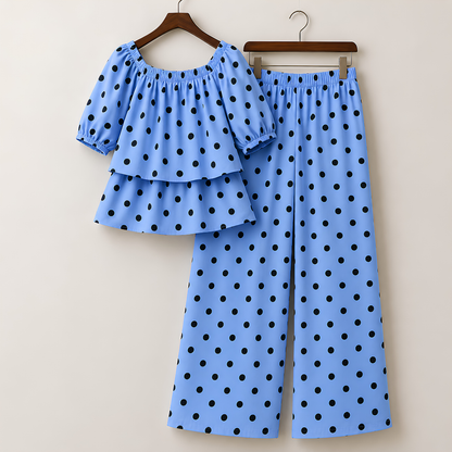 Women's Off-Shoulder Polka Dot Ruffle Top & Wide Leg Pants Co-Ord Set