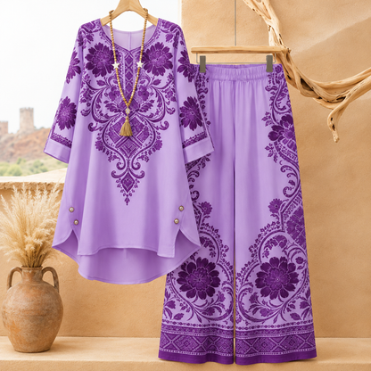 Women's Elegant Floral Printed Long Sleeve Tunic Top & Wide Leg Pants Co-Ord Set
