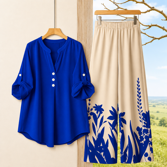 Women's Minimalist Button-Front Tunic Top & Floral Print Wide Leg Pants Co-Ord Set