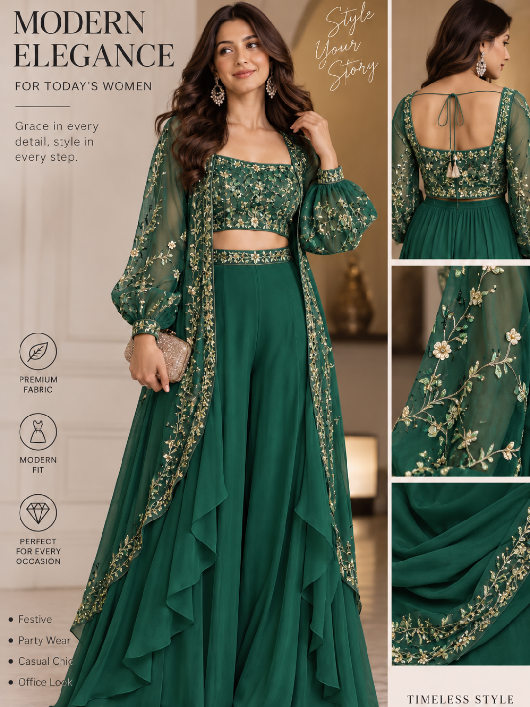 Ivory Luxe Embroidered Cape Palazzo Set | Modern 3-Piece Partywear