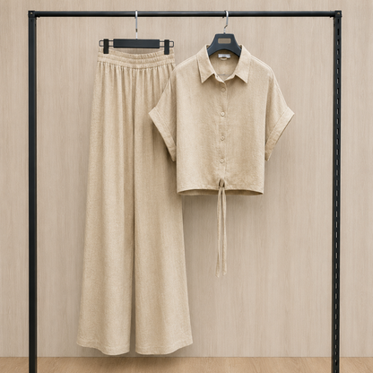 Women's Solid Button-Down Crop Shirt & Wide Leg Pants Co-Ord Set