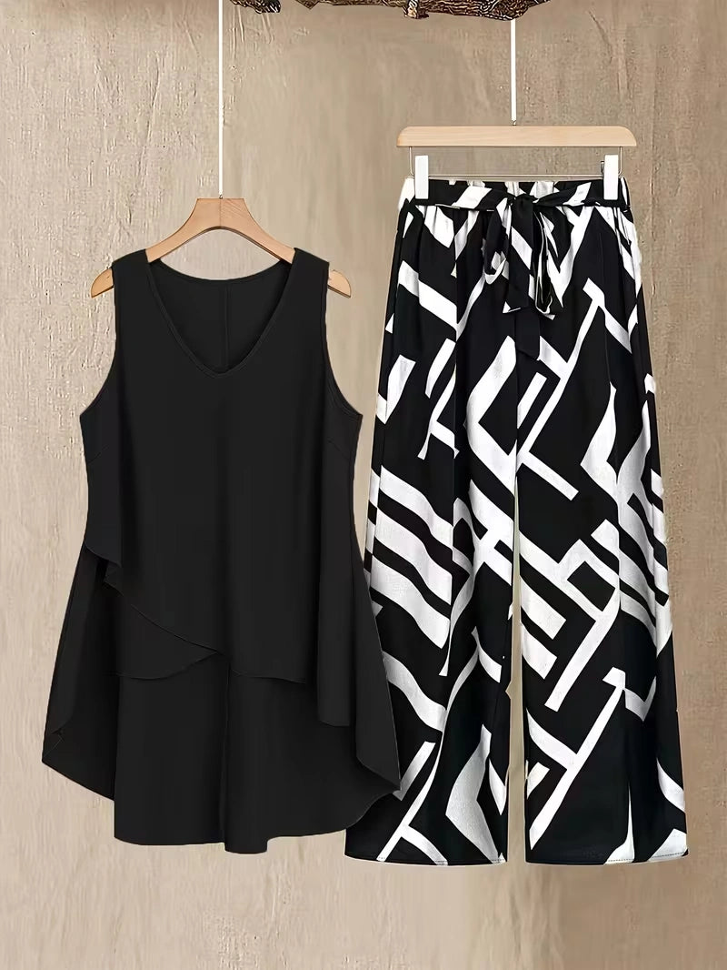 Plus Size Floral Elegance Co-Ord Set with Asymmetrical Tunic & Wide-Leg Pants