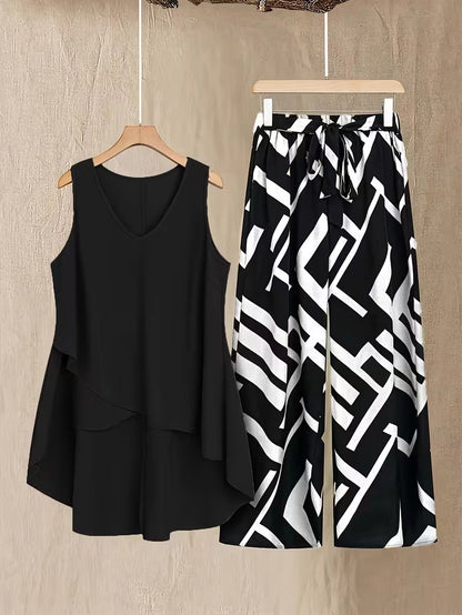 Plus Size Floral Elegance Co-Ord Set with Asymmetrical Tunic & Wide-Leg Pants